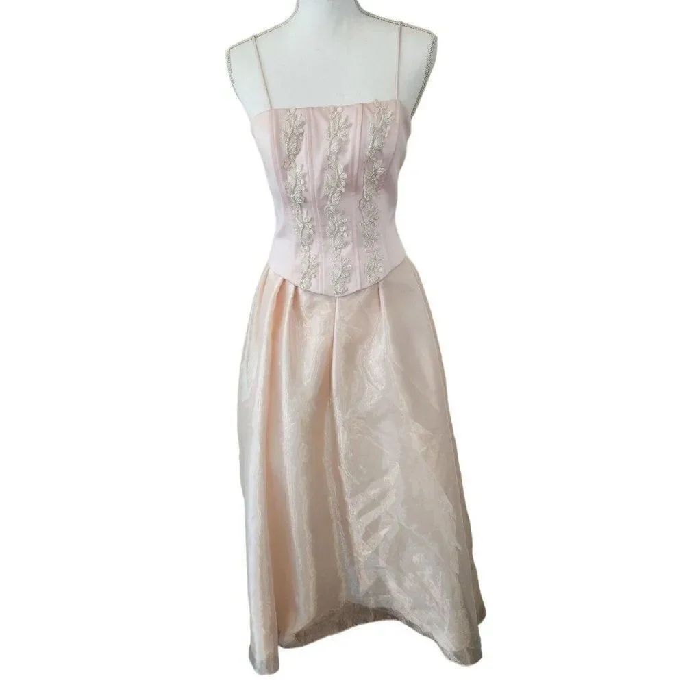 Vintage 80s Roberta Pink Champagne Beaded Formal Prom Sleeveless Dress GownโS